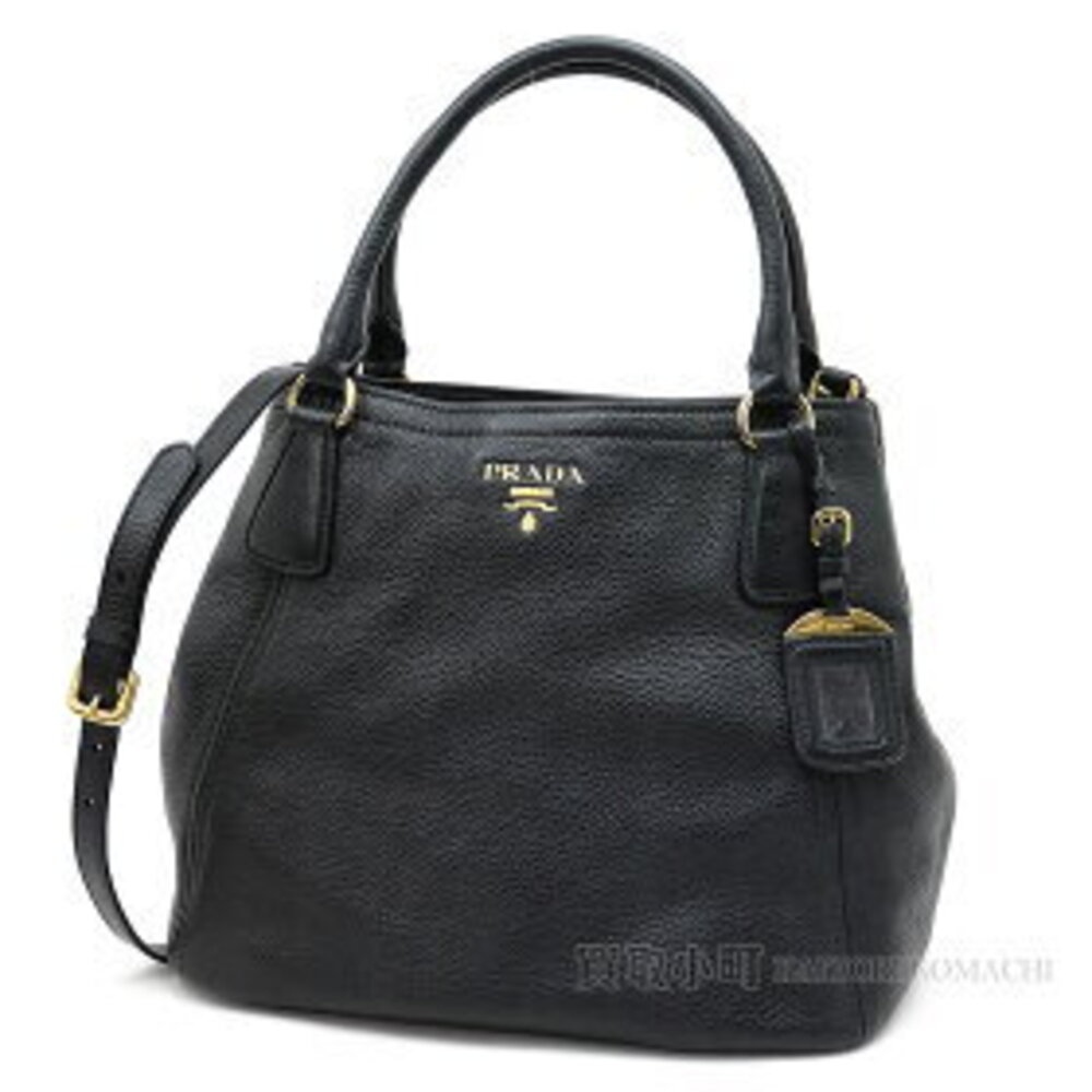 Prada Black Tote Bag Metal Logo Calfskin Handbag VIT DAINO Nero Black